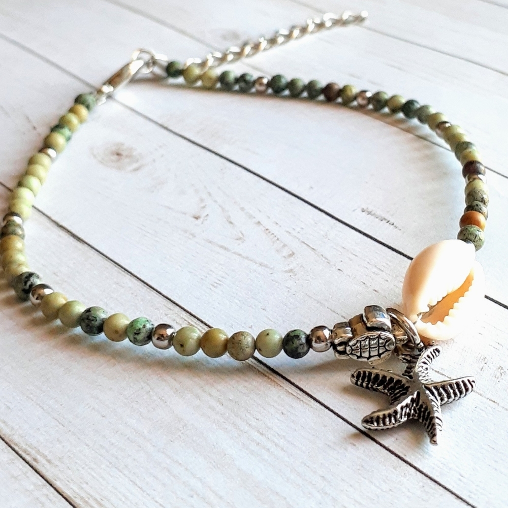 African Turquoise Cowrie Shell Anklet - Picture 3 of 4